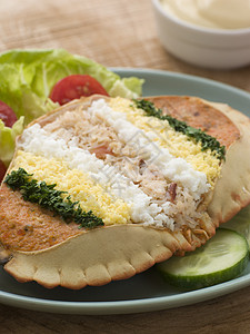 盛装的鳄蟹和柠檬蛋黄酱螃蟹黄瓜蔬菜盘子海鲜柠檬晚餐食物香菜厨艺图片
