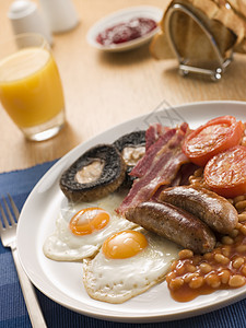 配橙汁汤和果酱的全英语早餐盘子厨艺用具果汁蔬菜食物面包猪肉厨房点差图片