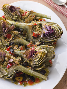 带有Aubergine辣椒和橄榄的烤环球青铜食物系列勺子食品敷料刀具饮料视图胡椒美食图片