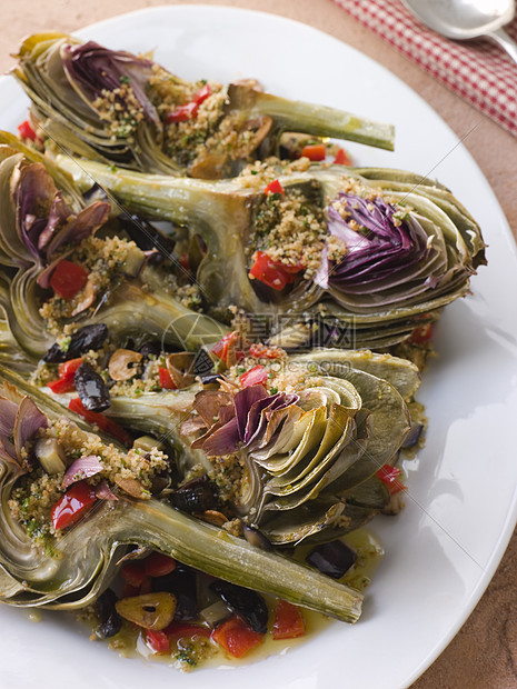 带有Aubergine辣椒和橄榄的烤环球青铜食物系列勺子食品敷料刀具饮料视图胡椒美食图片