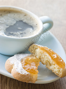使用 Espresso 的饼干热咖啡饮料视图糖粉咖啡系列食品摄影影棚图片