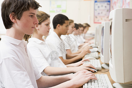 在计算机工作站工作的学生人数电脑黑发班级课堂外表孩子棕色教室孩子们头发图片