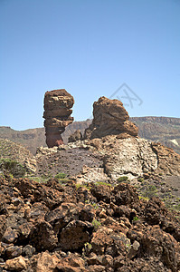 两块大石头赭石火山天空棕色岩石地质学国家地面公园植物图片