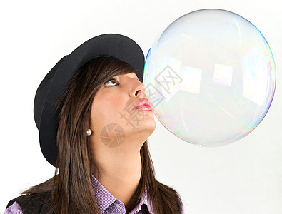 泡泡世界女性青年飞行头发喜悦肥皂气泡幸福女士空气图片