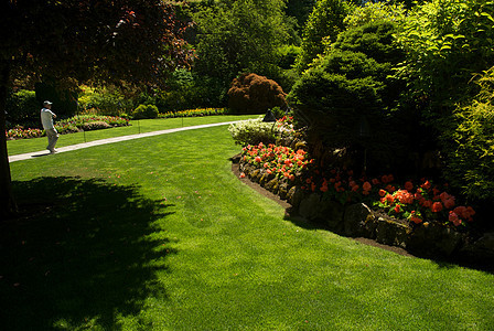 不列颠哥伦比亚省维多利亚州布查特花园旅行冥想风景美丽树木花朵公园反射植物游客图片