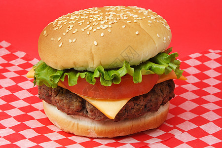 汉堡包红色面包瓷砖正方形芝麻包子午餐种子小吃食物图片