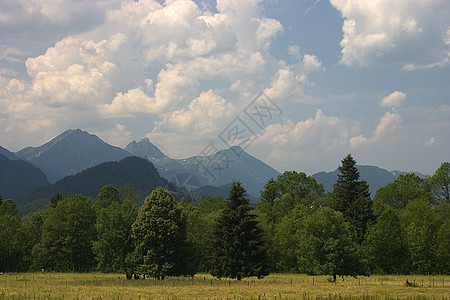 全景地景牧场绿色大山天空森林远足蓝色山脉图片