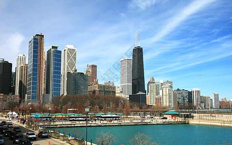 芝加哥高楼大楼的高层建筑环形办公室明信片场景蓝色海军城市阳光旅行中心图片