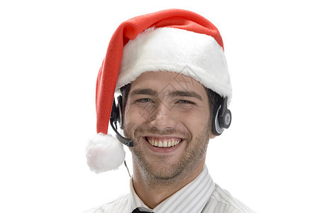 快乐的商务人士用耳盔装模作样图片