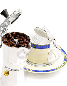 摩卡咖啡机和杯子芳香勺子味道咖啡店研磨机器农业棕色咖啡酿造图片