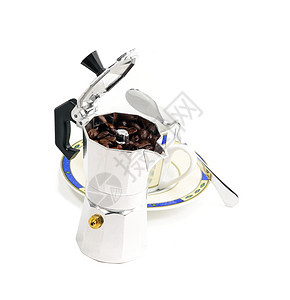 摩卡咖啡机和杯子机器研磨棕色农业芳香味道酿造咖啡咖啡店勺子图片