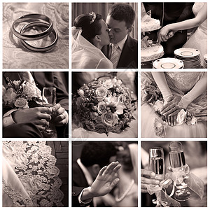 九张结婚照片的拼凑花束玻璃珠子珠宝项链宝石丝带套装新娘鞋类图片