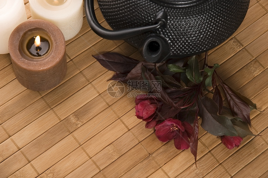 茶壶竹子花朵黑色绿色蜡烛香味茶树早餐植物金子图片