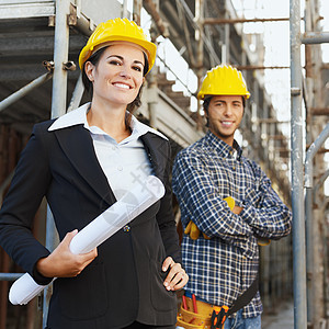 建筑工人和建筑师生意工人年轻人蓝图体力劳动者正方形中年人工作女士建设者图片