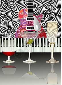 吉他钢琴缔约方休息室玻璃钢琴俱乐部餐厅酒精细绳吉他杯子键盘插画