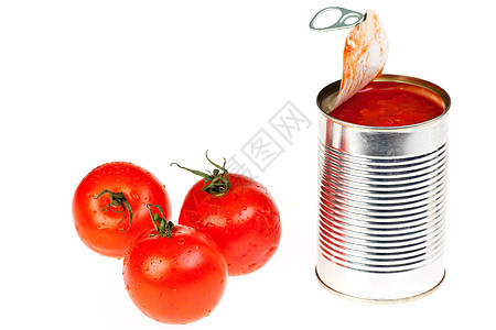 罐头生菜和白上孤立的西红柿营养蔬菜金属食物戒指罐装产品养护红色果汁图片