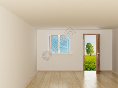 空房间 开着门后风景3D图像愿望场地插图窗户框架想像力自由地面场景生活图片