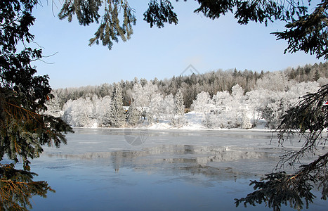 冬季奇幻乐园蓝色溪流冷冻树木冻结框架季节天空分支机构白色图片
