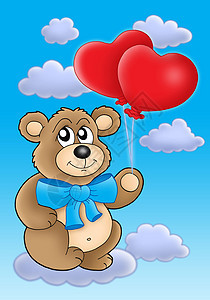泰迪熊与心脏气球 在蓝天图片
