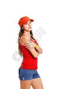 年幼少女快乐姿势帽子红色女性青年黑发微笑女孩白色图片