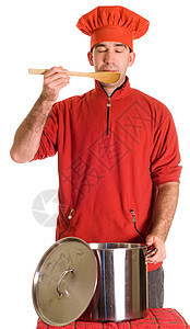 尝尝测试木头美食快乐厨房香味厨师帽子用具白色勺子图片
