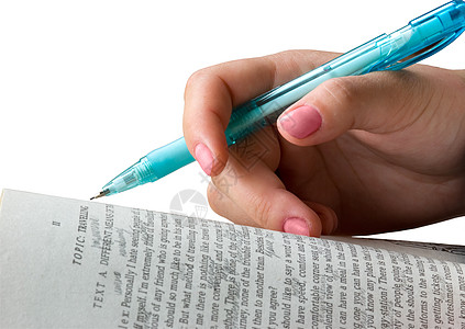 女性手用铅笔指甲白色教科书学习美甲蓝色图片