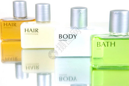 毛发和身体酒店美丽凝胶护发素温泉洗剂淋浴肥皂洗澡白色背景图片