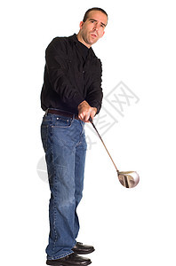 高尔夫摇摆姿势成人男人牛仔裤运动男性闲暇白色游戏爱好图片