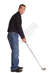男高尔夫球爱好姿势玩家身体姿态衬衫闲暇男性牛仔裤运动图片