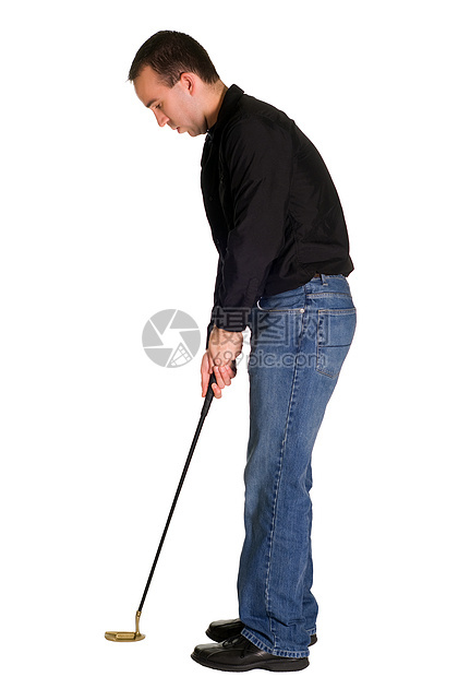 男高尔夫球运动男人衬衫俱乐部姿势成人牛仔裤游戏闲暇男性图片