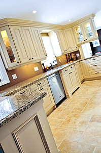 带有瓷砖地板的现代厨房陶瓷柜台器具台面橱柜内阁风格奢华房间装修图片