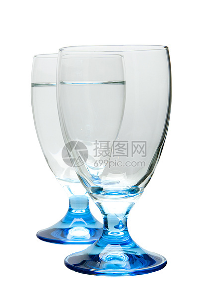 白色背景上孤立的眼镜餐厅蓝色庆典水晶反射杯子空白玻璃高脚杯派对图片