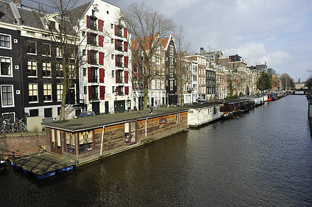 阿姆斯特丹房子特丹城市旅行街道船屋蓝色反射太阳运河图片