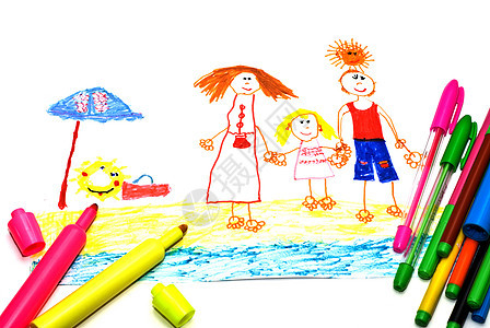 儿童在度假时对幸福家庭的绘画图片