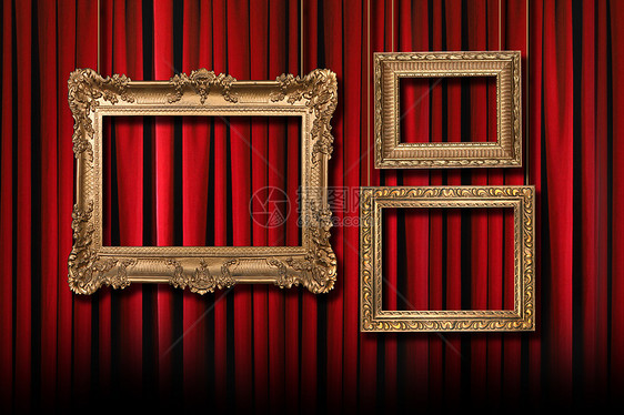红舞台剧场幕幕 3个挂金框架图片
