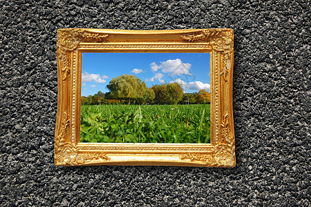 在图像框中绘画旅行假期蓝色绿色天空艺术品画廊树木风景公园图片