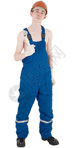 工人头盔躯干白色乐趣蓝色建设者扳手工作服图片
