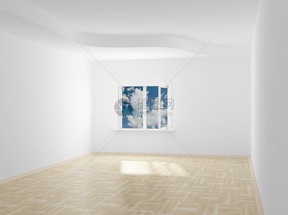 空空房间 打开窗口后面的云幕 3D 图像住宅自由窗户天空环境白色木地板地面压板场景图片