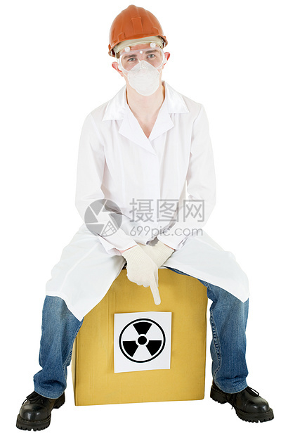 科学家纸盒风镜男人白色头盔展示床单盒子辐射警告图片