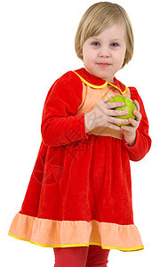 小女孩和苹果绿色孩子红色白色衣服水果图片