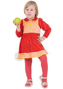 小女孩和苹果衣服红色裙子水果微笑绿色白色背景图片