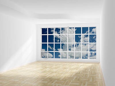 空空房间 打开窗口后面的云幕 3D 图像压板生活白色自由场景房子窗户天空环境体积图片
