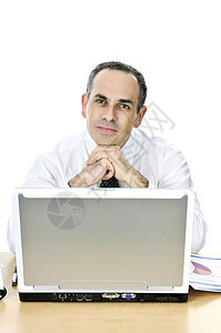 白人背景的办公桌上的生意人男人经理电脑工人图表沉思商业人员经纪人领带图片