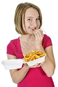 带薯条的少女小吃筹码营养女孩白色学校学生食物女孩们微笑图片