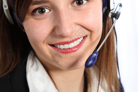 微笑电话接线员服务呼叫力量幸福小女孩享受愿望棕色头发商业图片