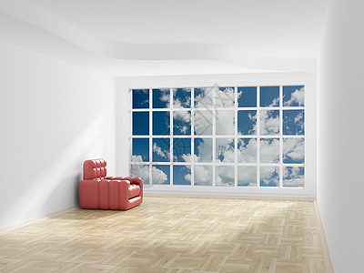 空空房间 打开窗口后面的云幕 3D 图像场景房子住宅沙发愿望木地板皮革天空体积框架图片