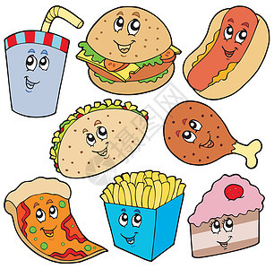 快速食品收集卡通片菜单饮料稻草载体绘画插图香肠薯条蛋糕图片