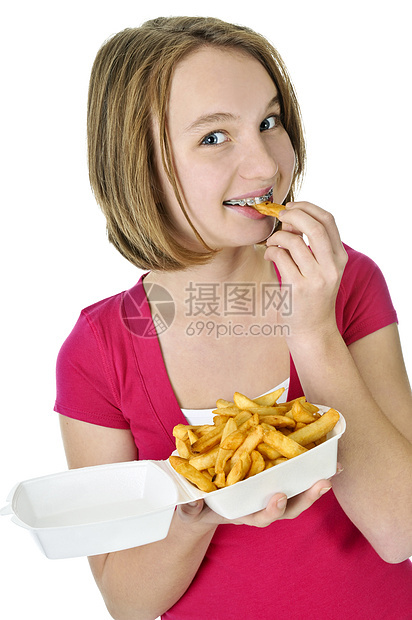 带薯条的少女芯片小吃脂肪零食女性青年垃圾白色营养土豆图片
