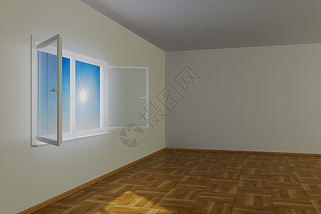 打开窗口的空房间 3D 图像底座压板蓝色地面光束框架木地板住宅大厅场景图片