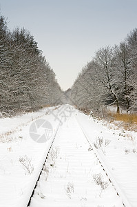 白蓝天空的雪雪铁轨森林季节蓝色铁路风景图片